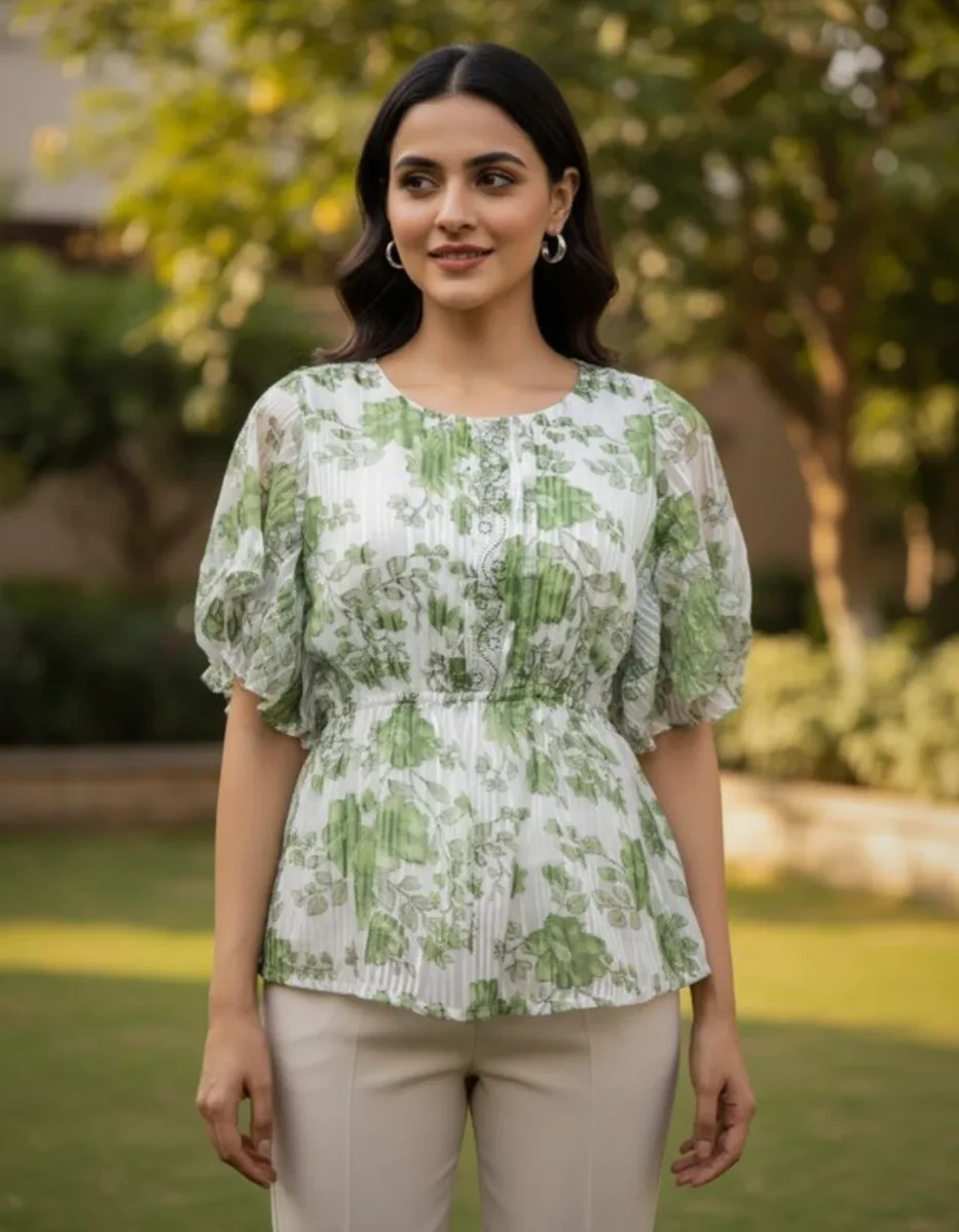 Green Floral Print Top for Women – Stylish & Comfortable