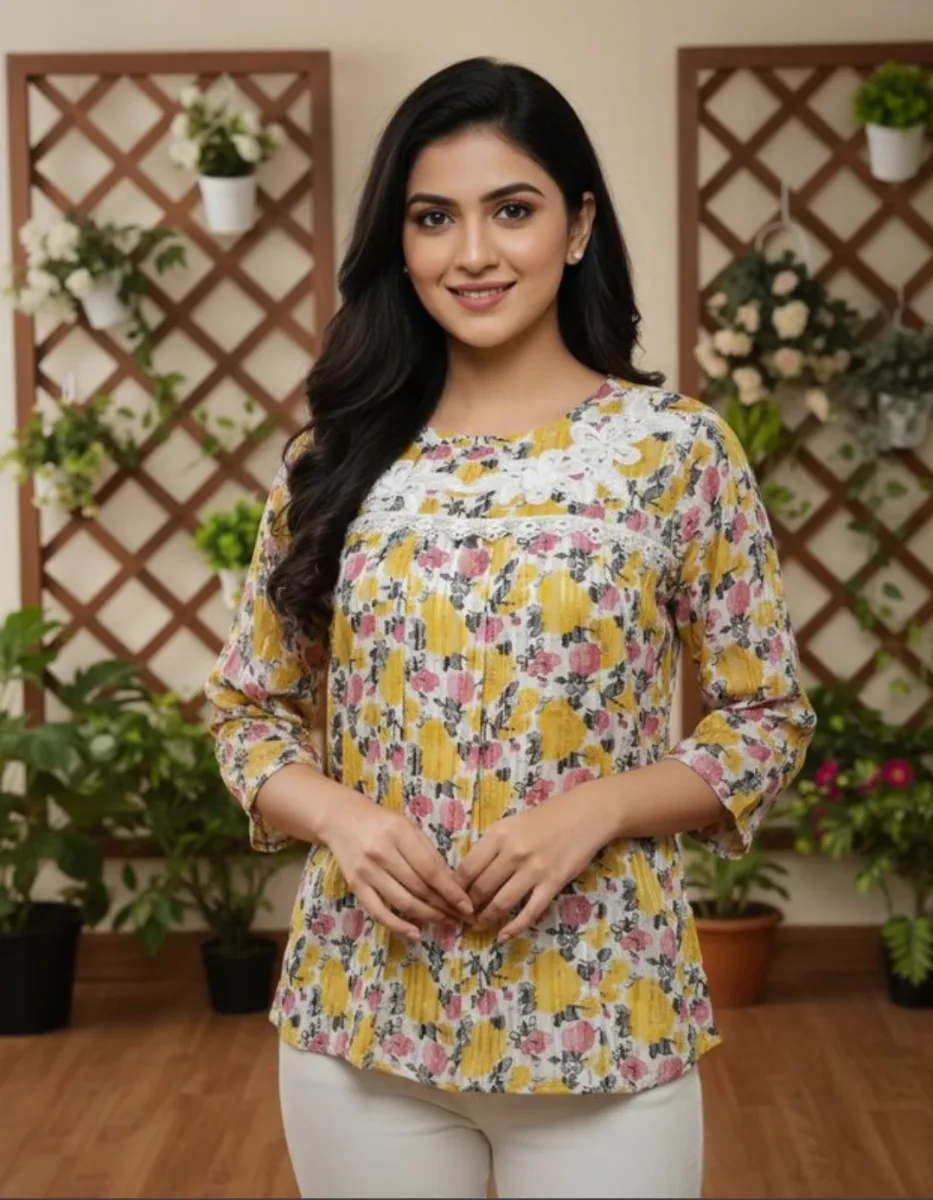 Yellow Floral-Printed Top for Women