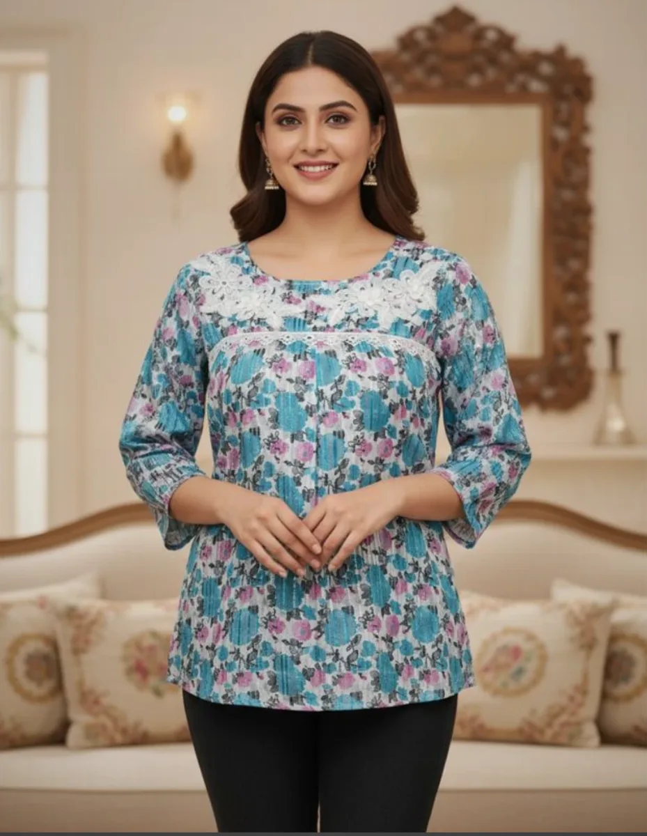 Blue Floral-Printed Top for Women