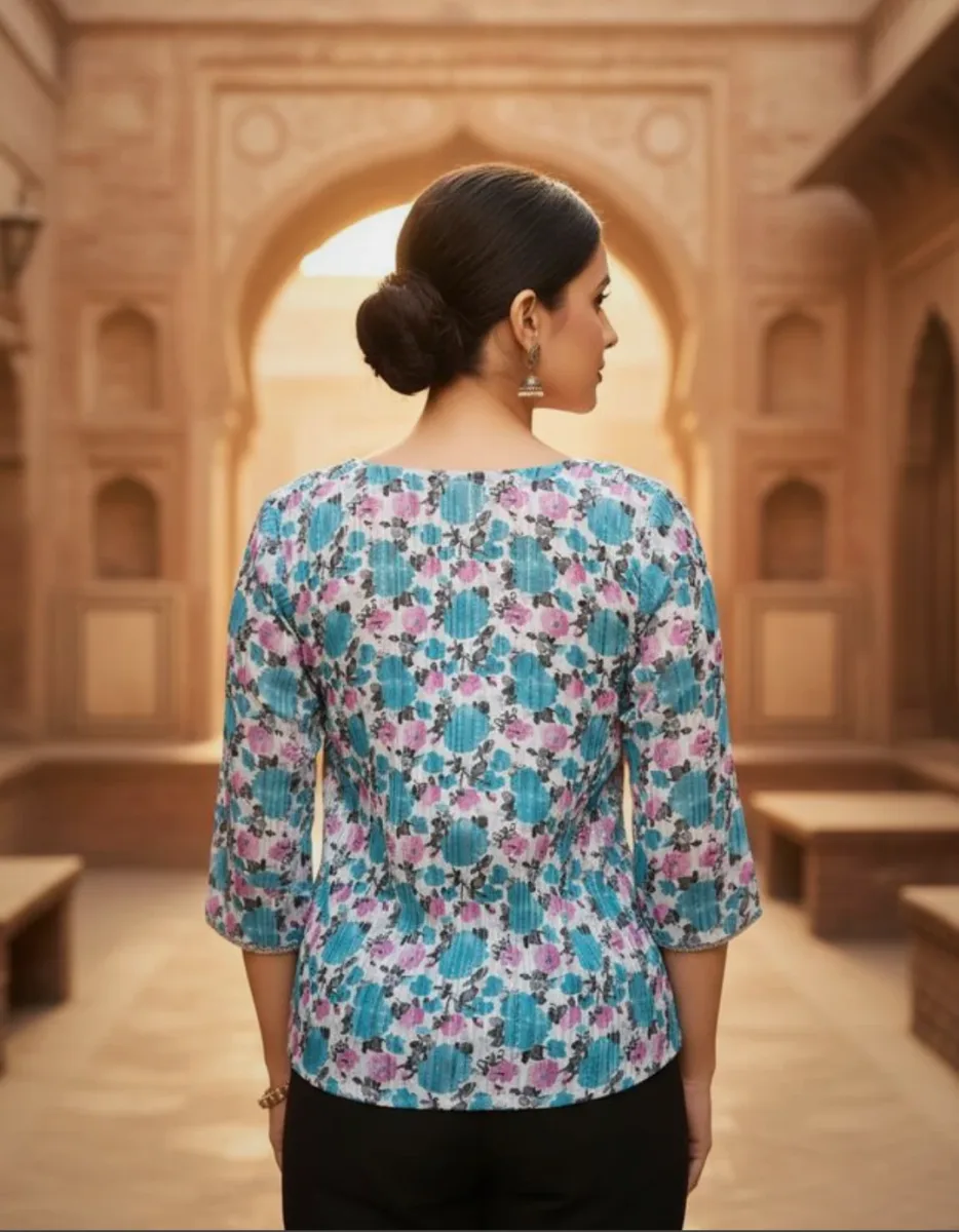 Blue Floral-Printed Top for Women