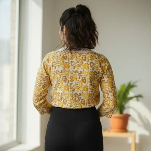 Yellow Floral-Printed Short Kurta for Women with White Lace V-Neck Detailing
