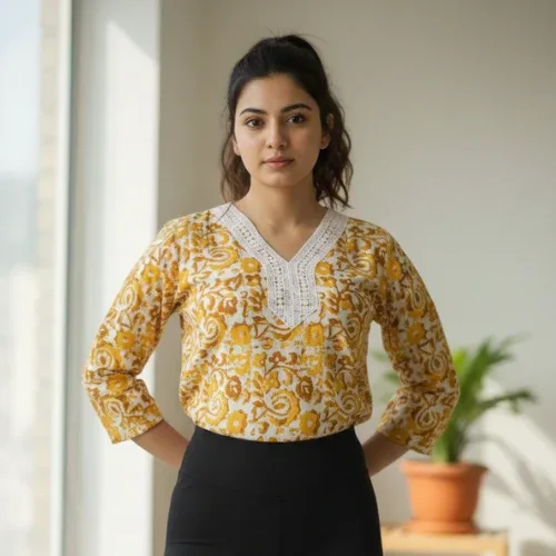 Yellow Floral-Printed Short Kurta for Women with White Lace V-Neck Detailing