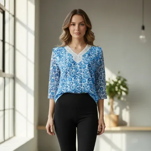 Blue & White Patterned Top for Women with Lace-Trimmed V-Neckline