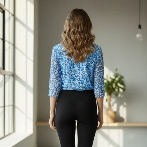 Blue & White Patterned Top for Women with Lace-Trimmed V-Neckline