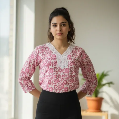 Pink & White Printed Cotton Short Kurta for Women with Lace-Trimmed V-Neckline