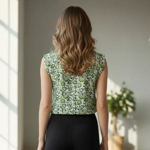 Green Floral Printed Sleeveless Top for Women with White Lace-Trimmed V-Neckline