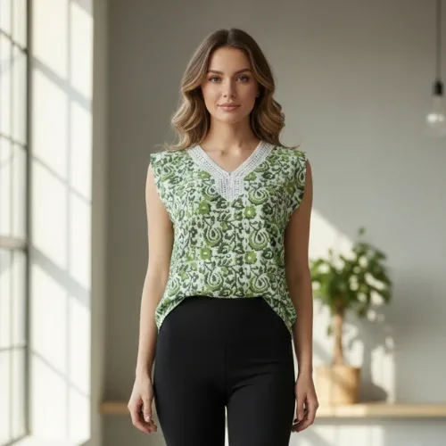 Green Floral Printed Sleeveless Top for Women with White Lace-Trimmed V-Neckline