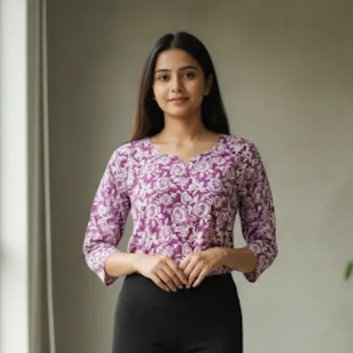 Purple & White Floral Print V-Neck Top for Women – Stylish & Elegant Casual Wear