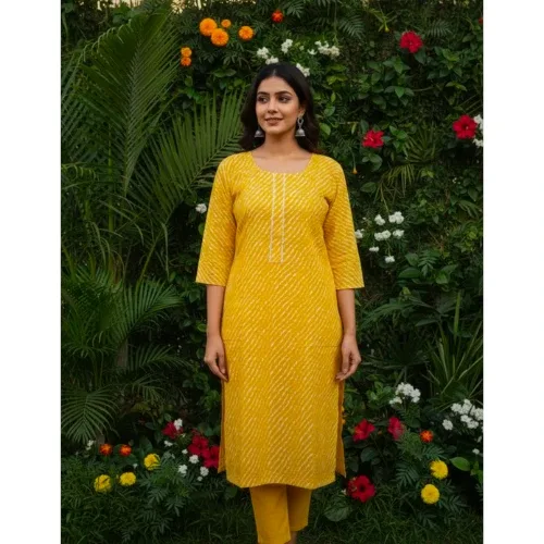 Yellow Leheriya Straight Kurta for Women – Traditional Pattern with Embroidered Neckline