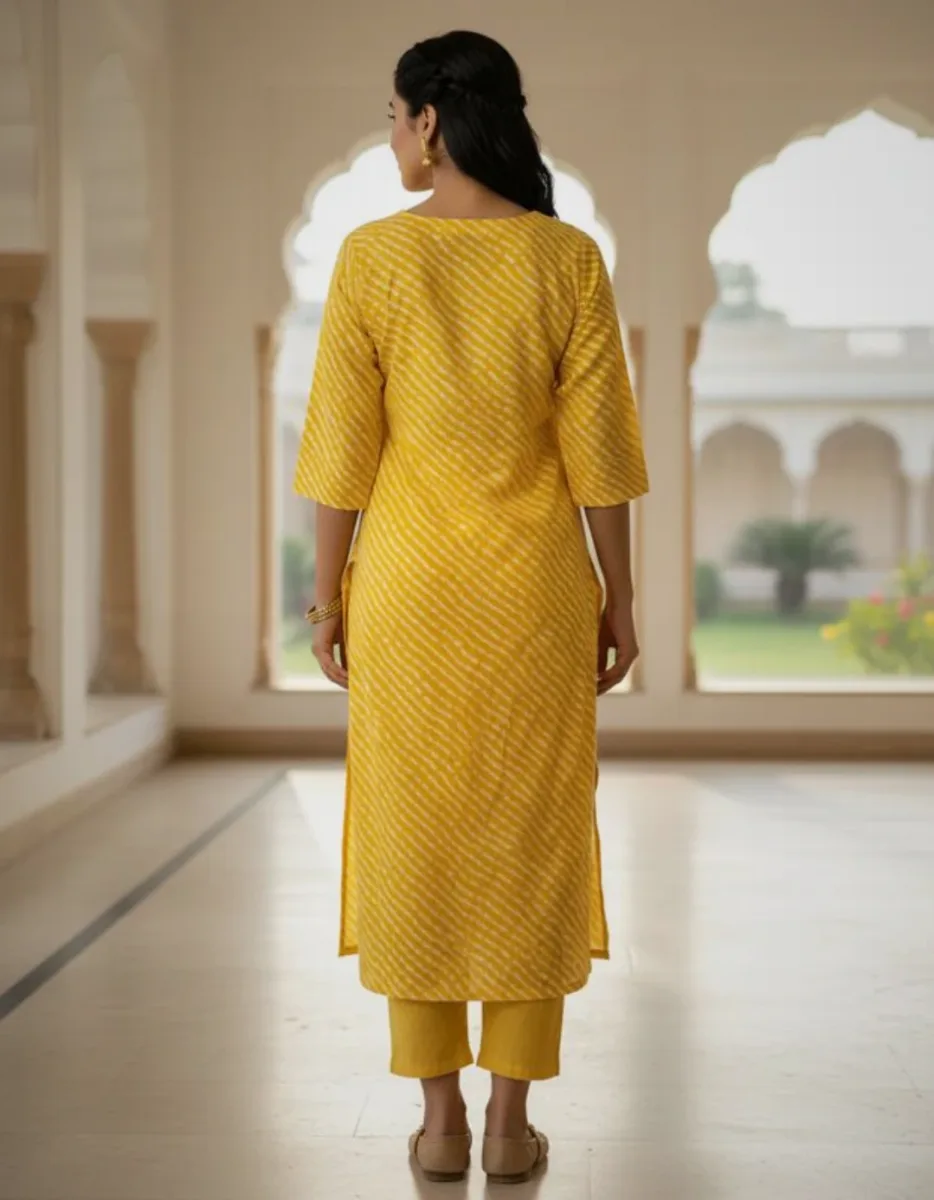 Yellow Leheriya Straight Kurta for Women – Traditional Pattern with Embroidered Neckline