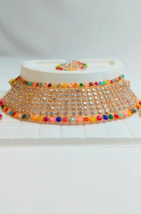 Multicolor Choker Necklace, Earrings & Maangtikka Jewellery Set for Women