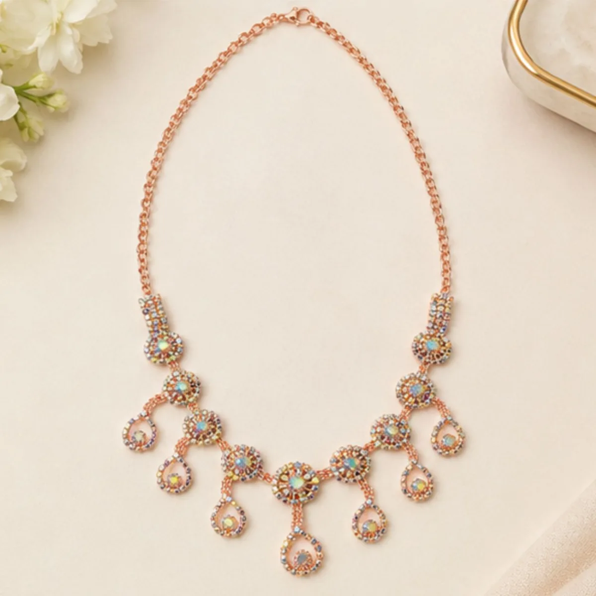 Rose Gold-Plated Rainbow Stone Collar Necklace for Women – Elegant Statement Jewellery