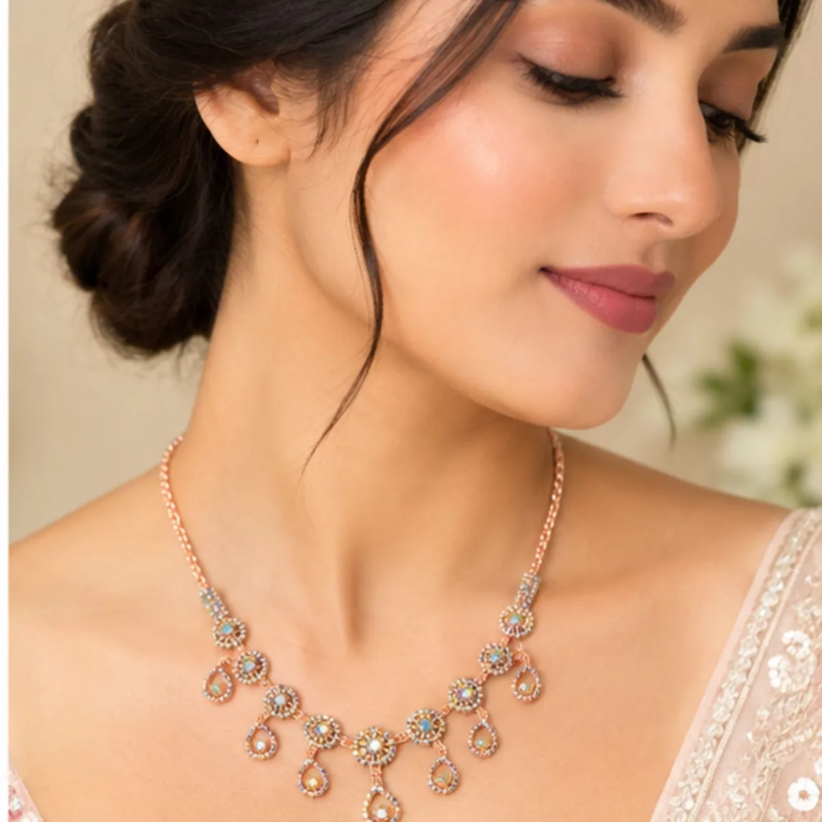 Rose Gold-Plated Rainbow Stone Collar Necklace for Women – Elegant Statement Jewellery