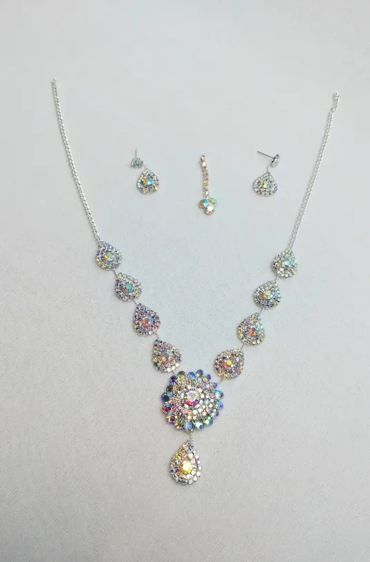 Women & Girls V-Shaped Diamond Necklace Set with Earrings – Bridal & Party Wear Jewellery