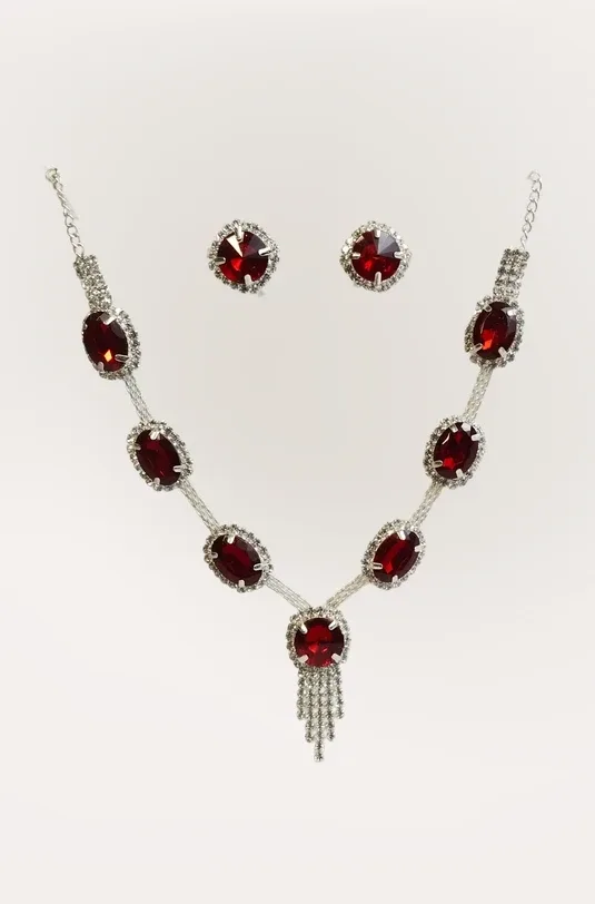 Silver-Plated Ruby-Red Crystal Necklace Set with Matching Stud Earrings for Women