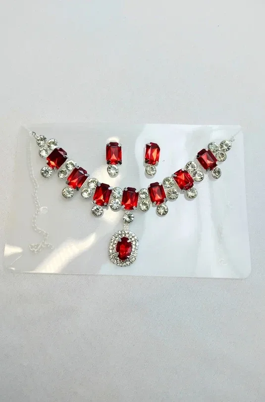 Silver-Toned Ruby-Red Crystal Necklace Set with Matching Earrings for Women