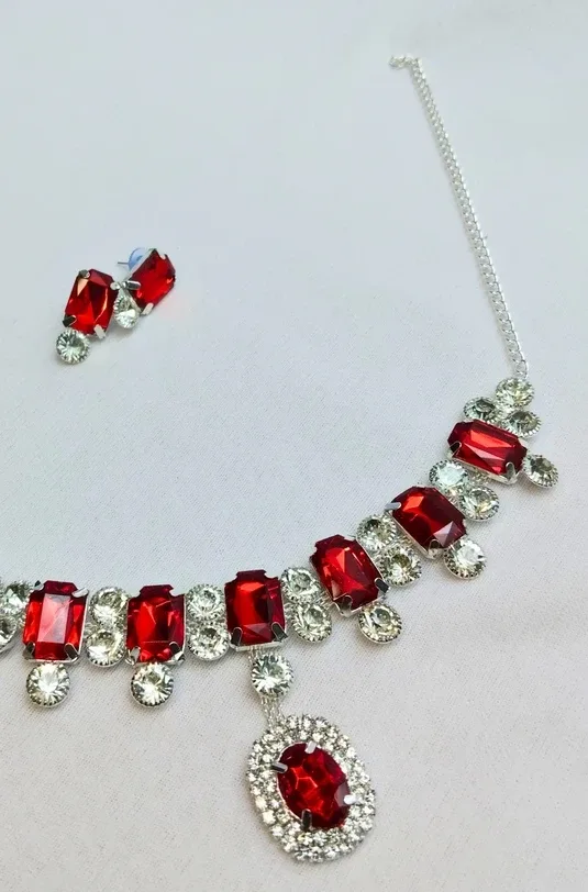Silver-Toned Ruby-Red Crystal Necklace Set with Matching Earrings for Women