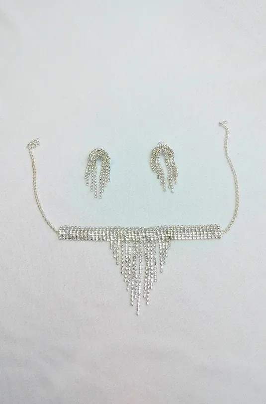 Silver-Plated Rhinestone Fringe Choker Necklace Set with Dangling Earrings for Women