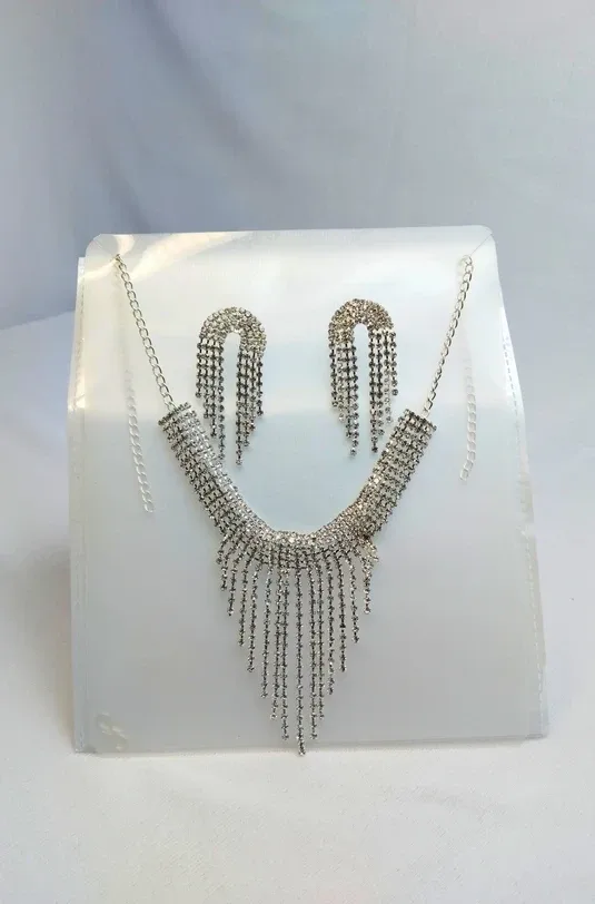 Silver-Plated Rhinestone Fringe Choker Necklace Set with Dangling Earrings for Women