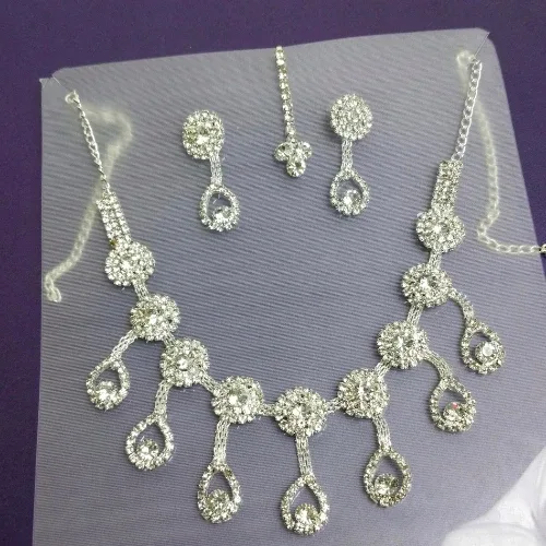 Silver-Plated American Diamond Necklace Set with Earrings & Matching Pendant for Women