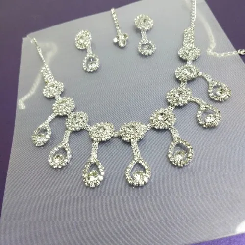 Silver-Plated American Diamond Necklace Set with Earrings & Matching Pendant for Women