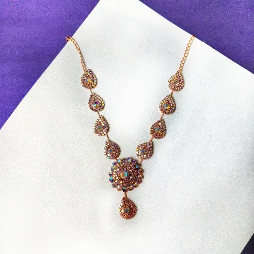Rose Gold-Plated Rhinestone Teardrop Jewellery Set with Floral Necklace, Earrings & Maang Tikka for Women