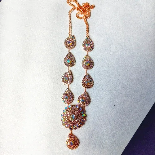 Rose Gold-Plated Rhinestone Teardrop Jewellery Set with Floral Necklace, Earrings & Maang Tikka for Women