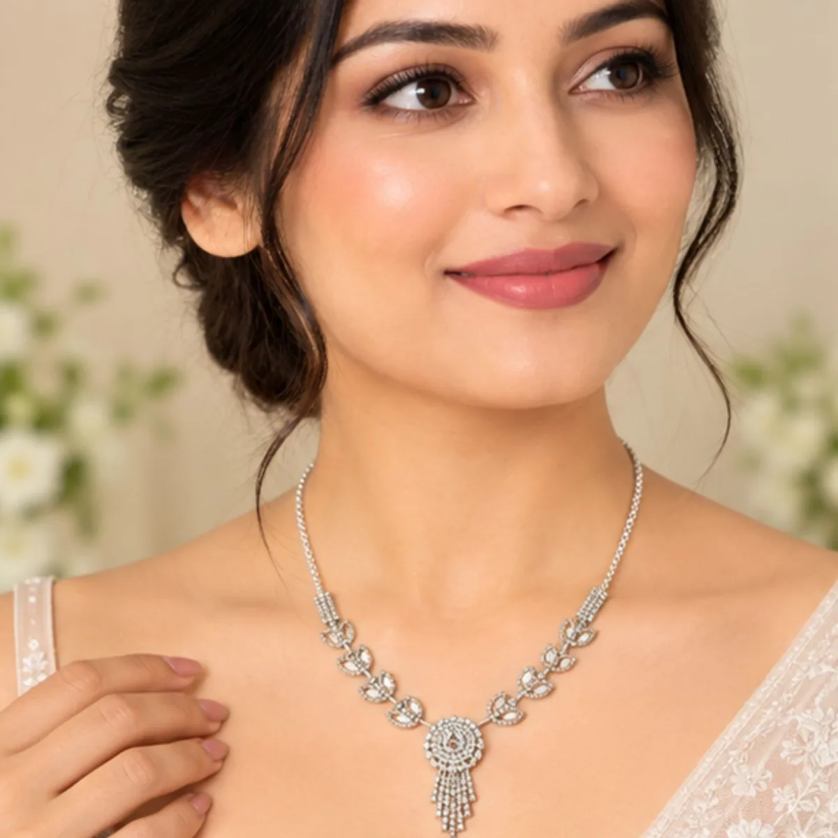 Silver-Plated American Diamond Necklace with Floral Pendant & Dangling Beaded Chains for Women