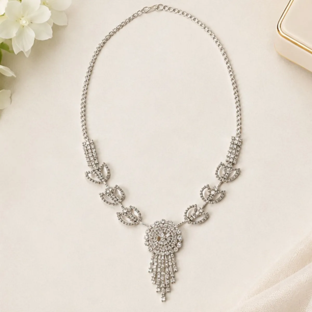 Silver-Plated American Diamond Necklace with Floral Pendant & Dangling Beaded Chains for Women