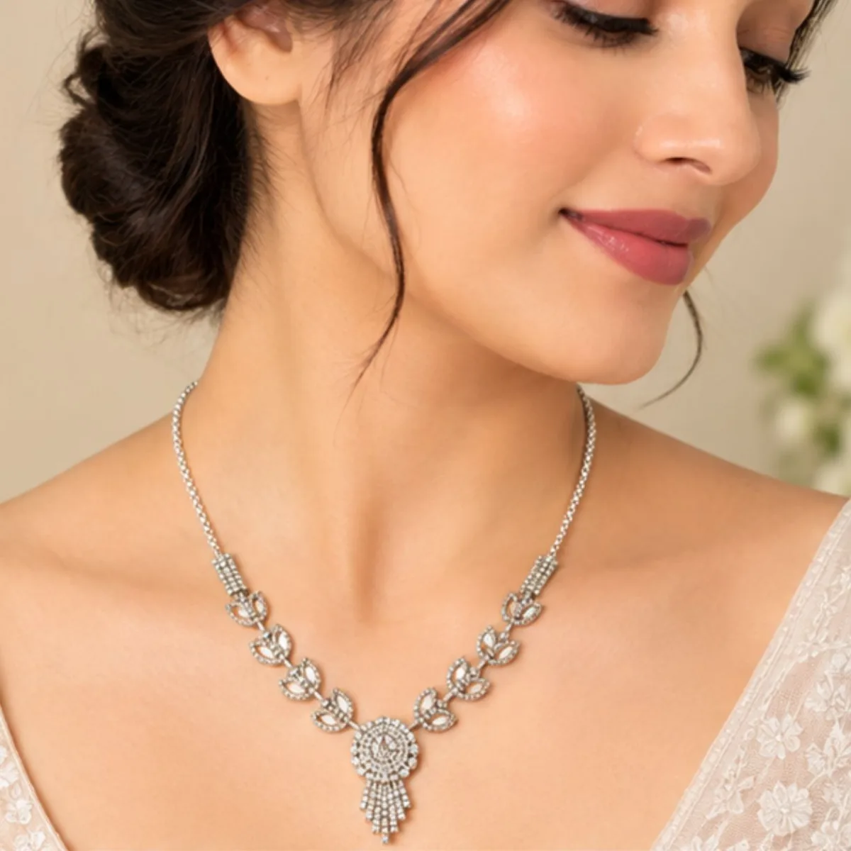 Silver-Plated American Diamond Necklace with Floral Pendant & Dangling Beaded Chains for Women