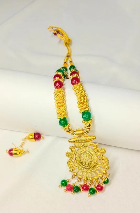 Green & Maroon Beaded Gold-Tone Long Necklace Set