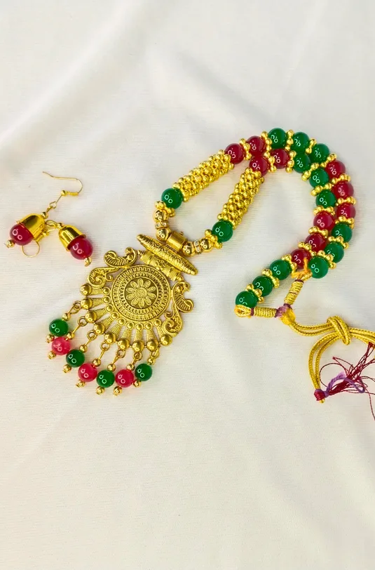 Green & Maroon Beaded Gold-Tone Long Necklace Set