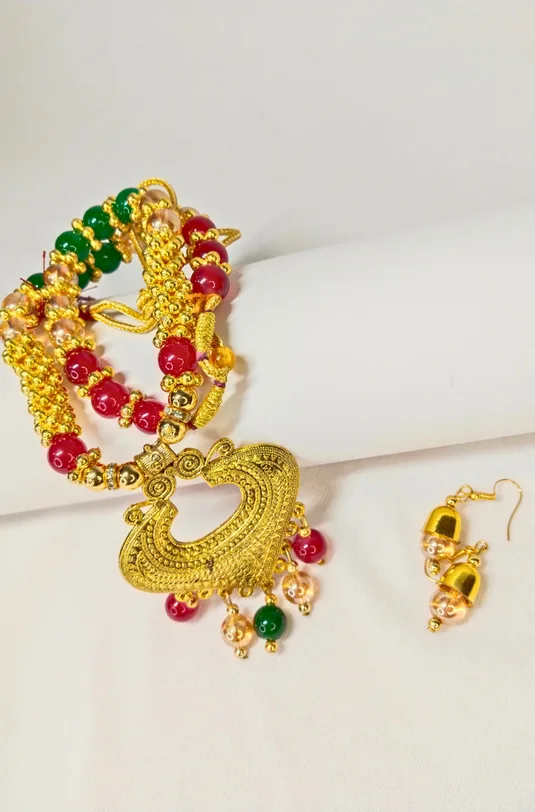 Maroon Green Pearl Beaded Traditional Jewellery Set