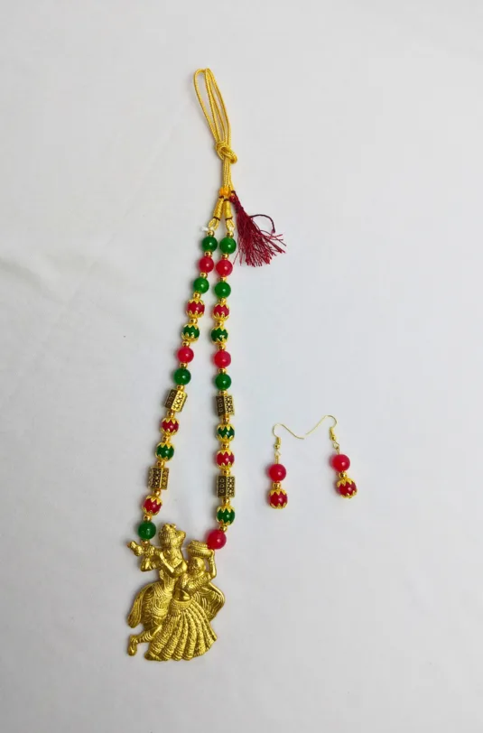 Antique Gold Finish Green Bead Bridal Necklace