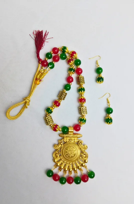 Festive Multicolor Beaded Gold-Tone Necklace Set
