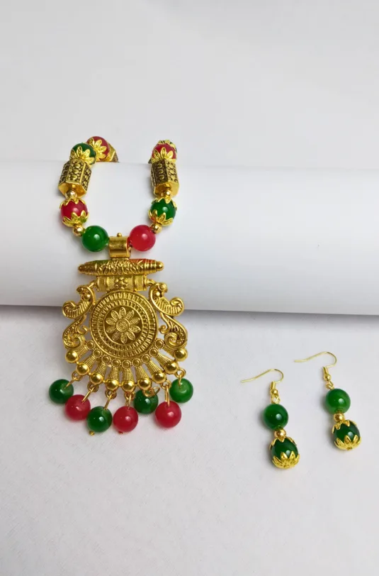Festive Multicolor Beaded Gold-Tone Necklace Set
