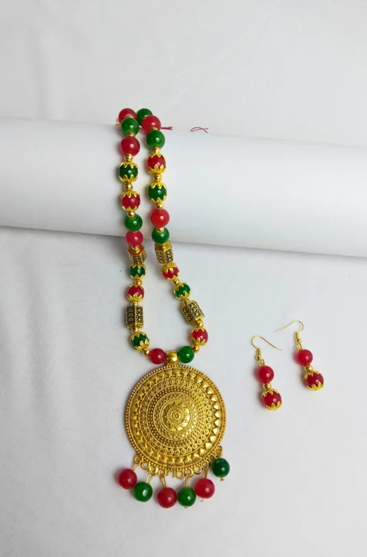 Designer Ethnic Green Beaded Necklace with Earrings