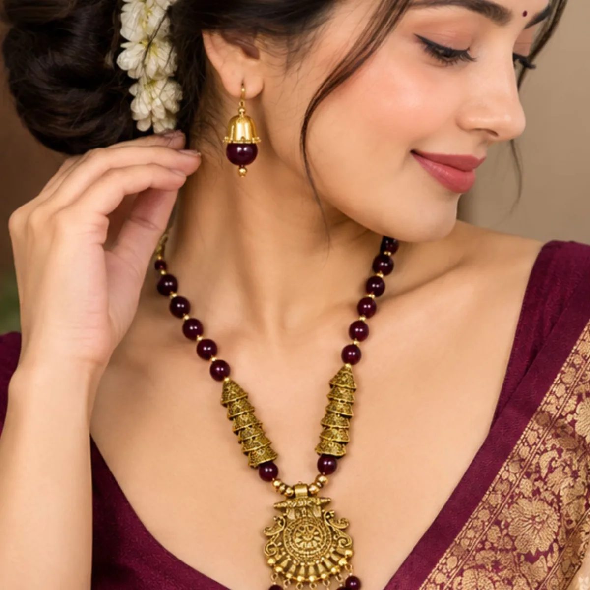 Elegant Gold-Tone Green & Maroon Bridal Jewellery Set