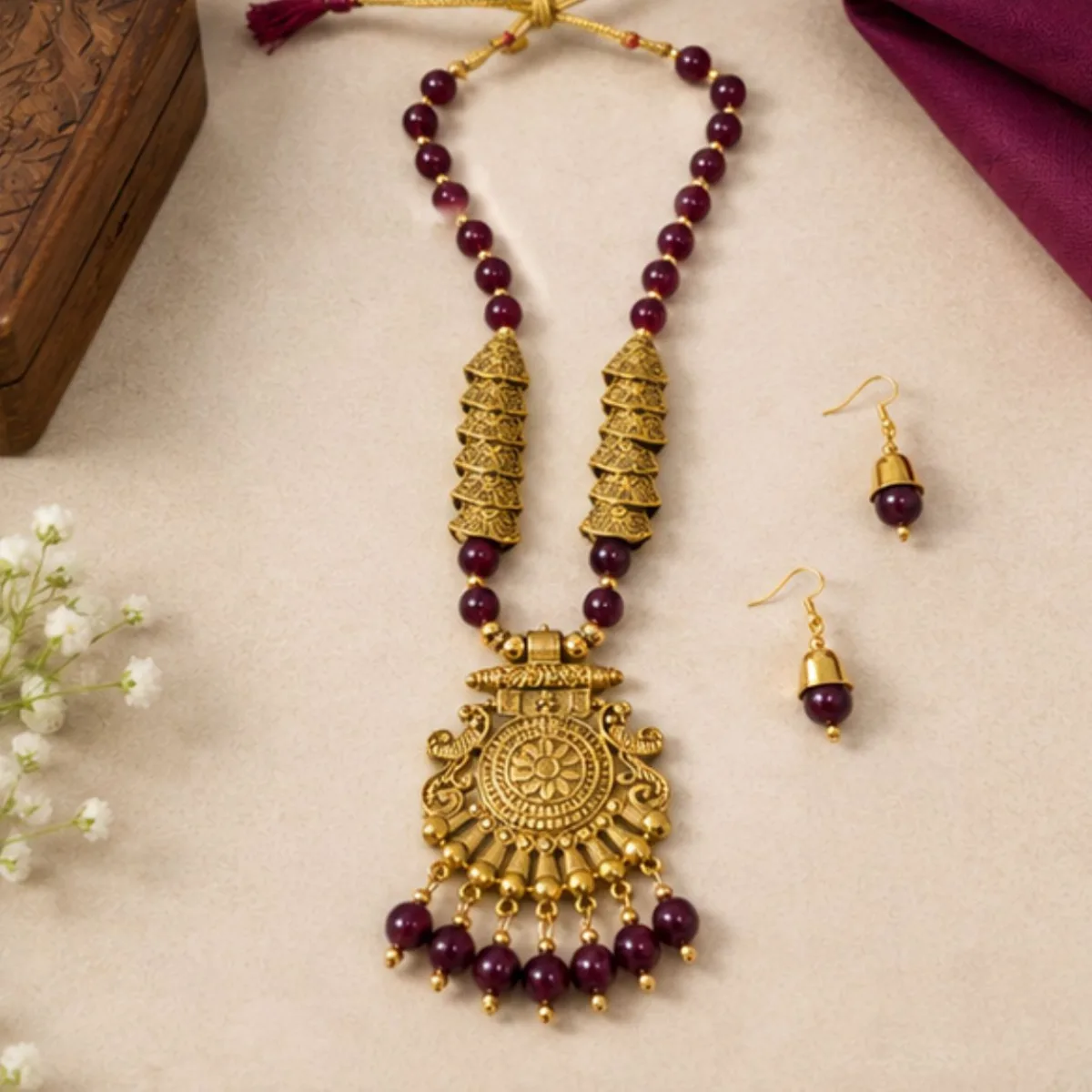 Elegant Gold-Tone Green & Maroon Bridal Jewellery Set