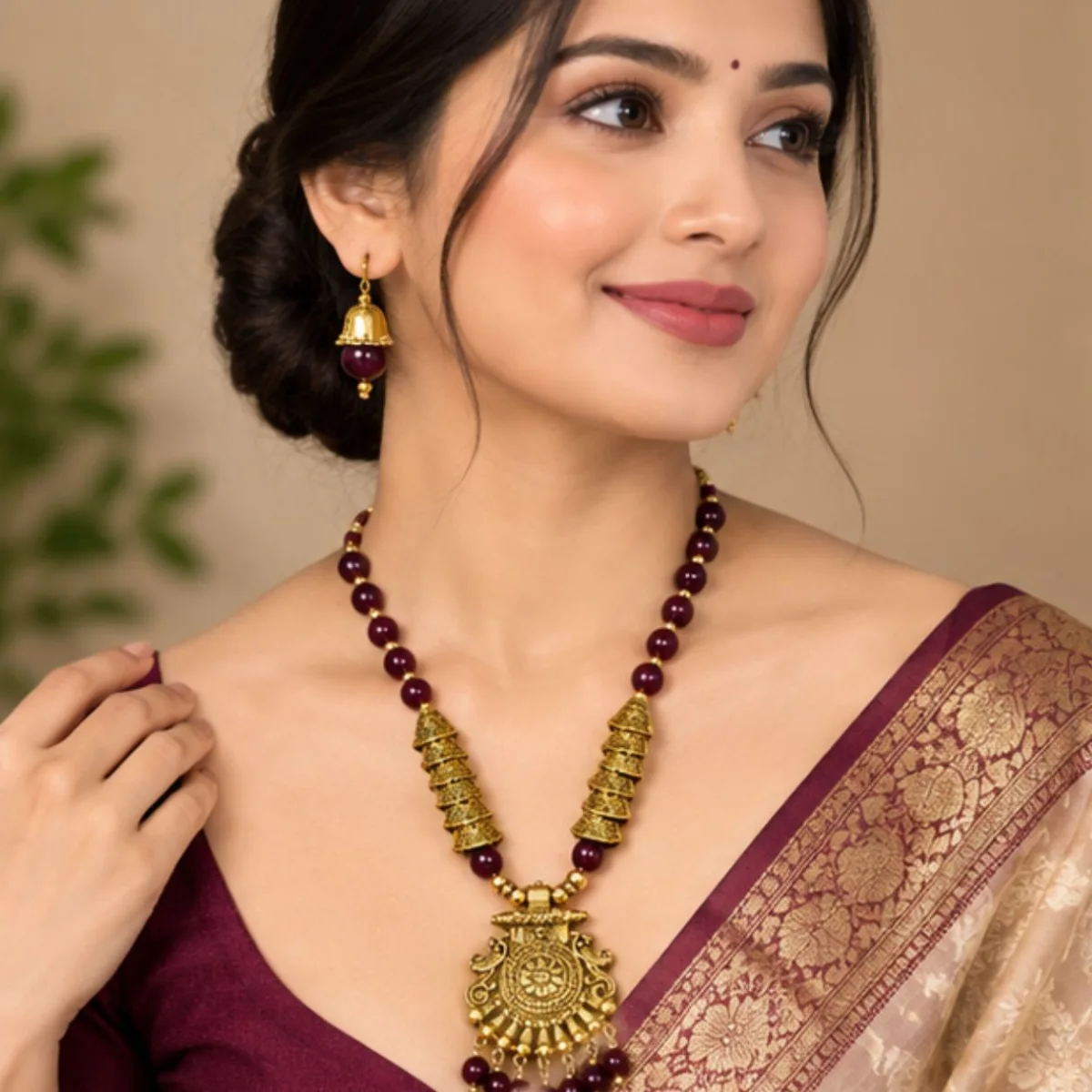 Elegant Gold-Tone Green & Maroon Bridal Jewellery Set